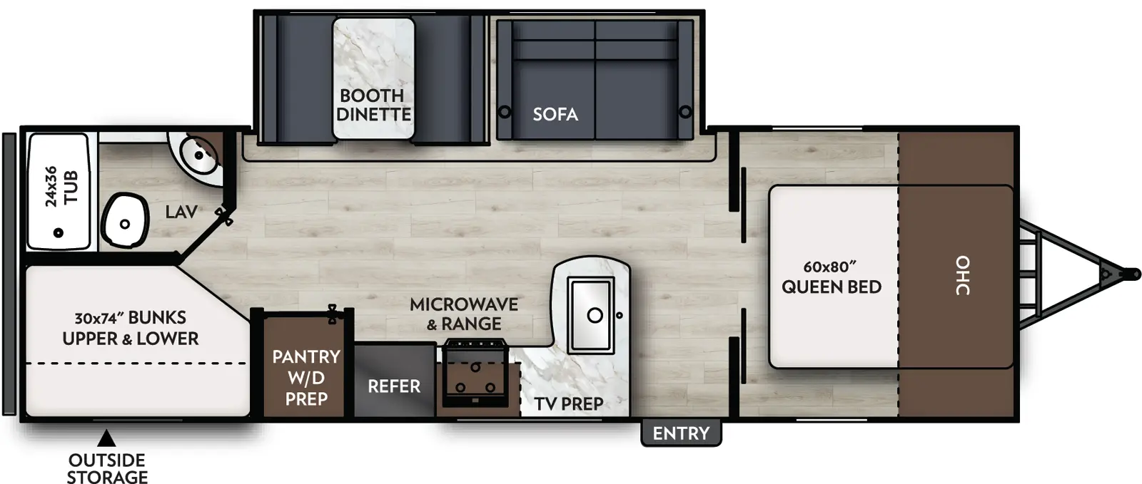The Apex Ultra-Lite 26BHX floorplan has one entry and one slide out. Exterior features include: fiberglass exterior and 14' awning. Interiors features include: bunk beds and front bedroom.